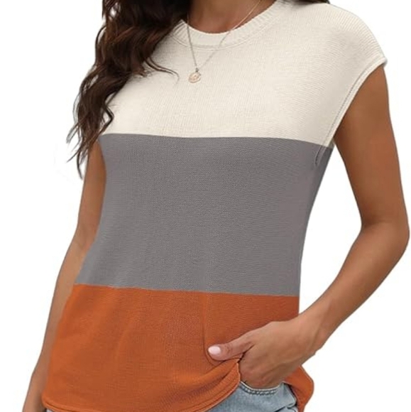 Summer Casual Loose Knit Cap Sleeve Sweater Vest B-color Block Brown - Picture 3 of 6